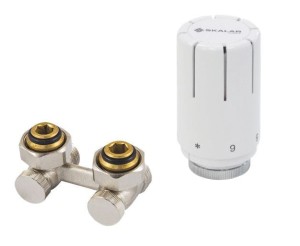 Zestaw grzejnikowy kątowy SKALAR do grzejników dolnozasilnych 3/4"x3/4" GW x GZ bez nypli z głowicą SKALAR niklowany